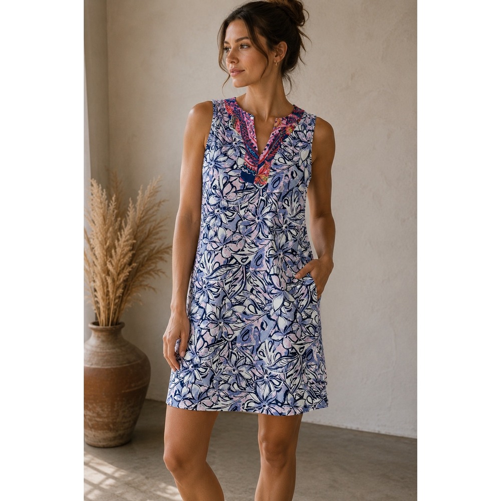 Stella Parker Collection Blue Floral Sleeveless Shift Dress Pockets Large